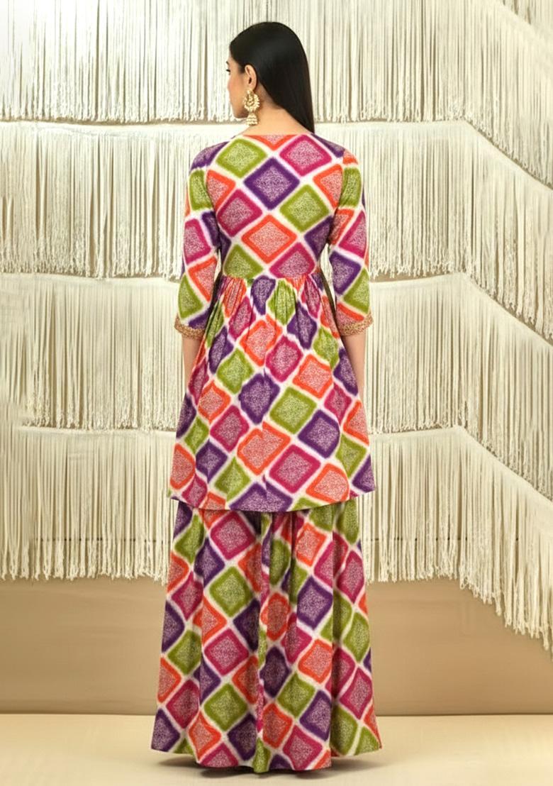 Multicolor Abstract Print Satin Sharara Set - Indya