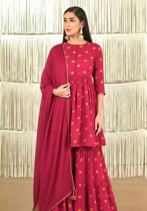 Red Floral Print Satin Sharara Set