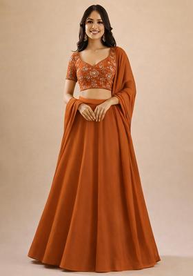 Rust Embroidered Crepe Lehenga Set