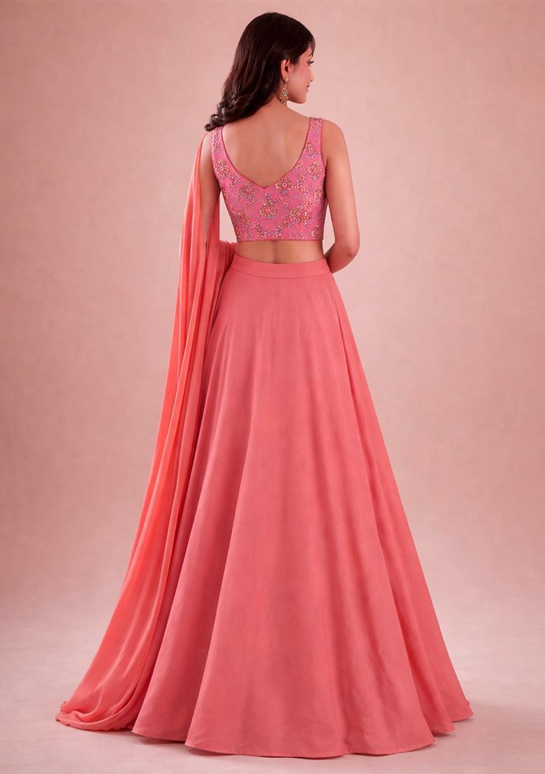 Peach Embroidered Crepe Lehenga Set - Indya