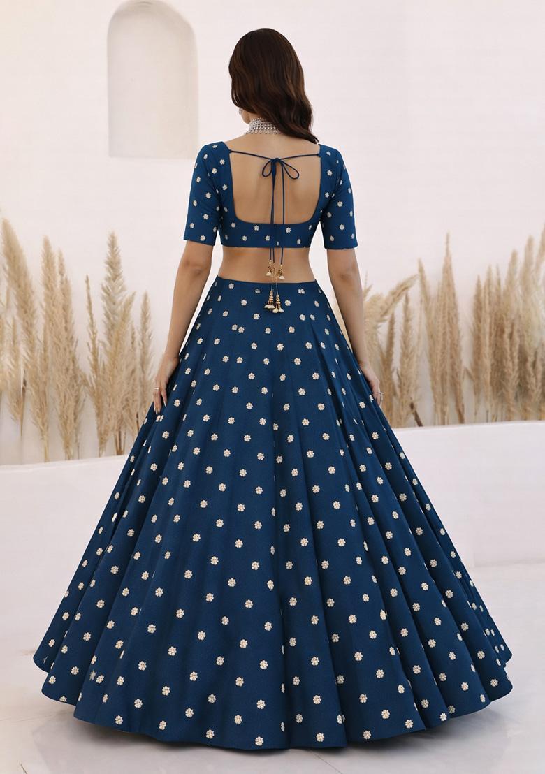 Royal Blue Embroidered Moss Lehenga Set - Indya