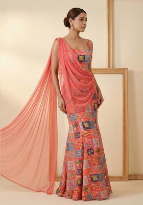 Peach Floral Print Chinon Lehenga Set