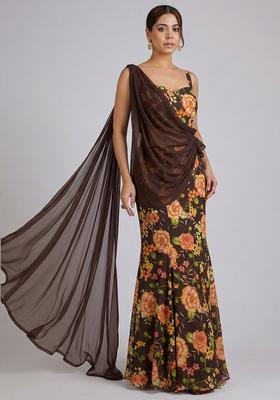 Brown Floral Print Chinon Lehenga Set