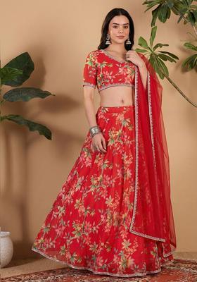 Red Floral Print Georgette Lehenga Set