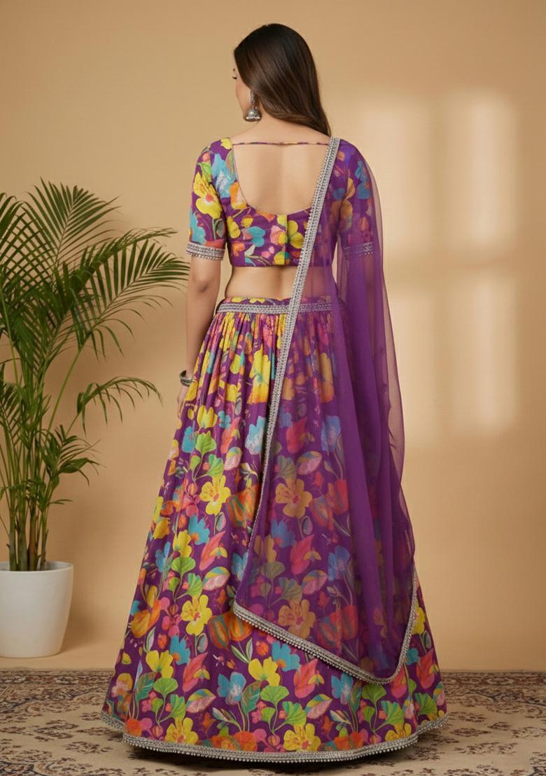 Purple Floral Print Georgette Lehenga Set - Indya