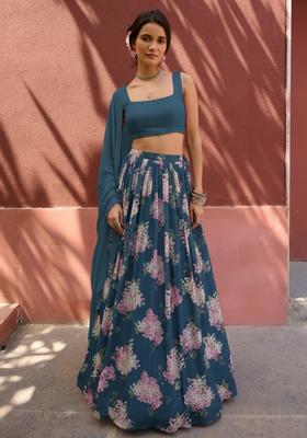 Deep Teal Blue Floral Print Georgette Lehenga Set