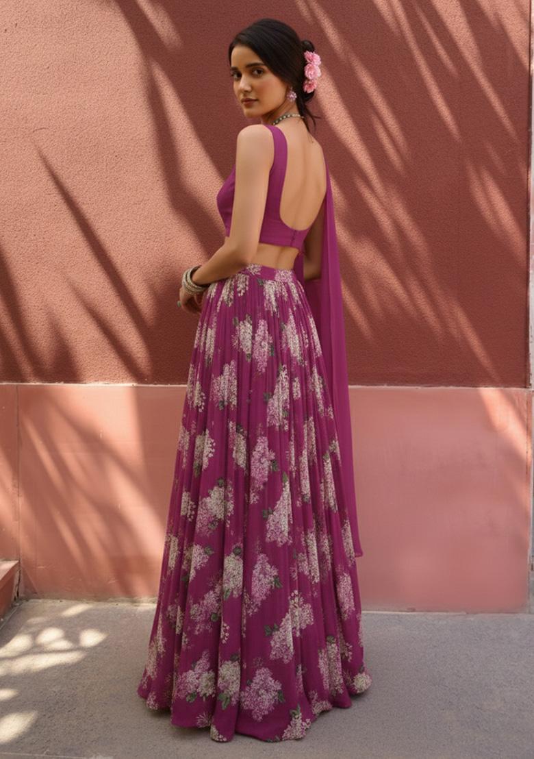 Rani Pink Floral Print Georgette Lehenga Set - Indya