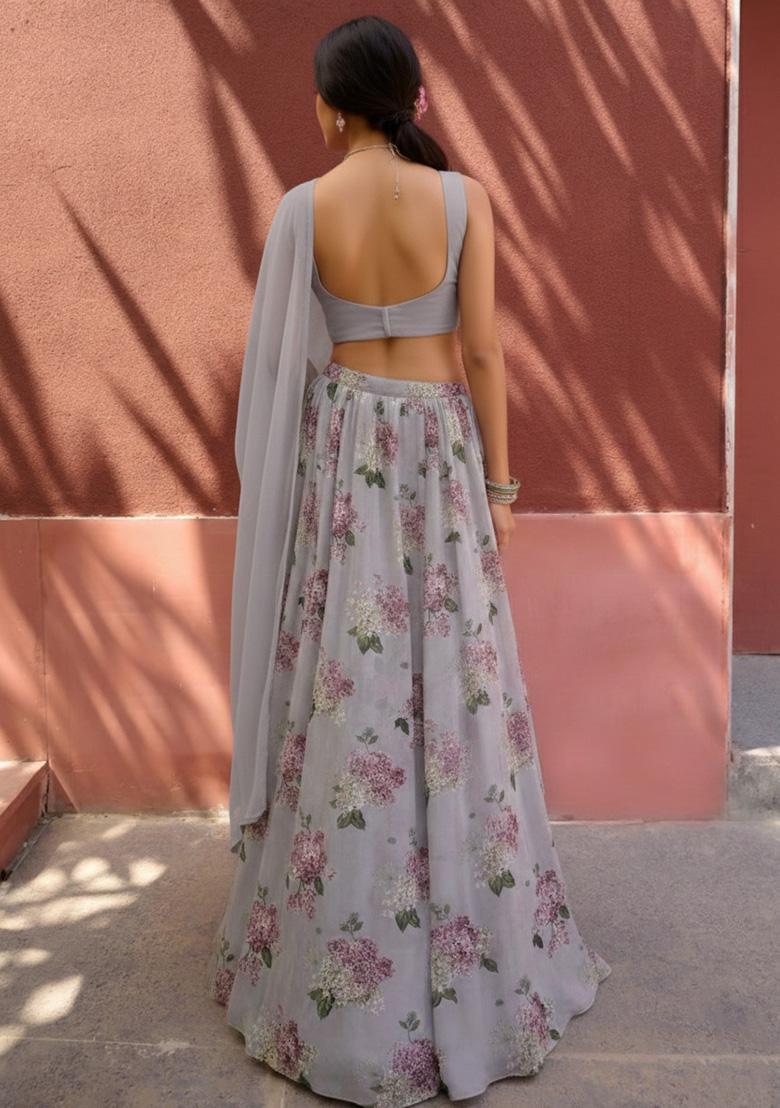 Mist Grey Floral Print Georgette Lehenga Set - Indya