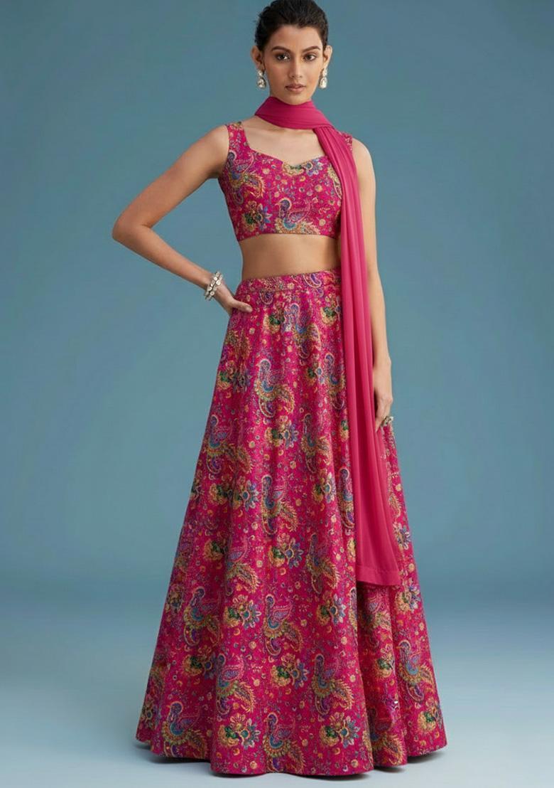 Rani Pink Floral Print Crepe Lehenga Set - Indya