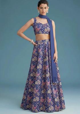 Navy Blue Floral Print Crepe Lehenga Set