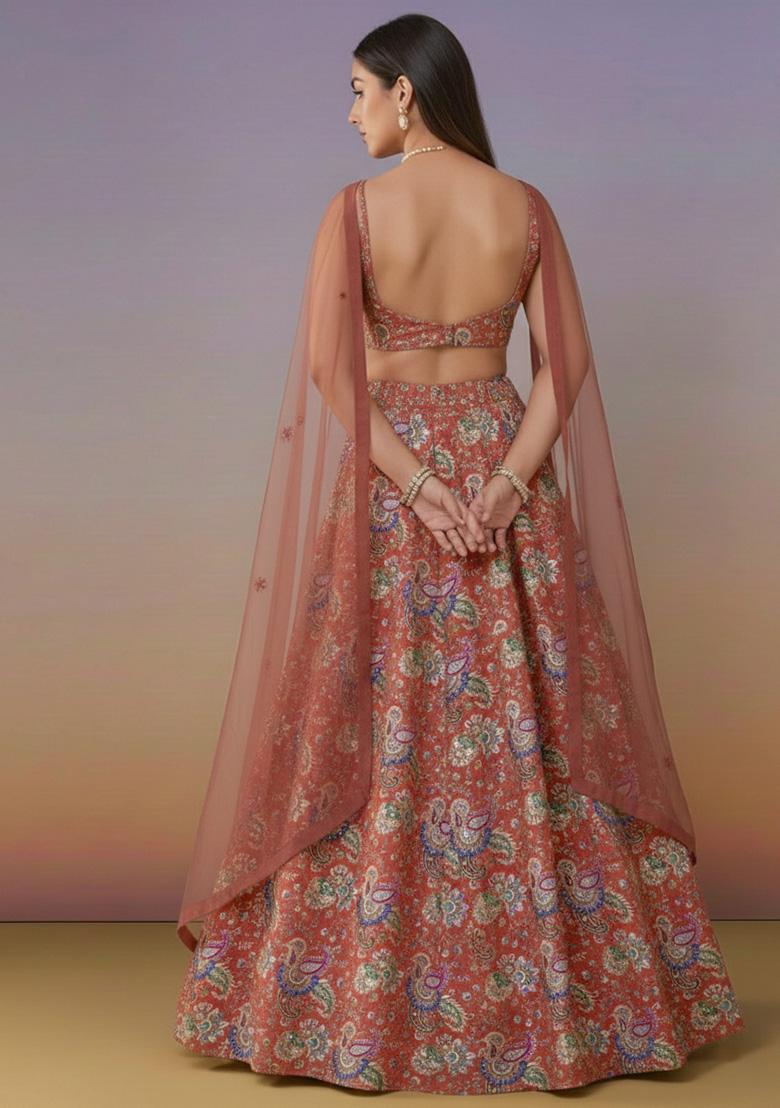 Rust Floral Print Crepe Lehenga Set - Indya