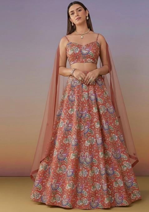 Rust Floral Print Crepe Lehenga Set