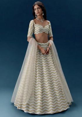 Soft Ivory Printed Silk Blend Lehenga Set