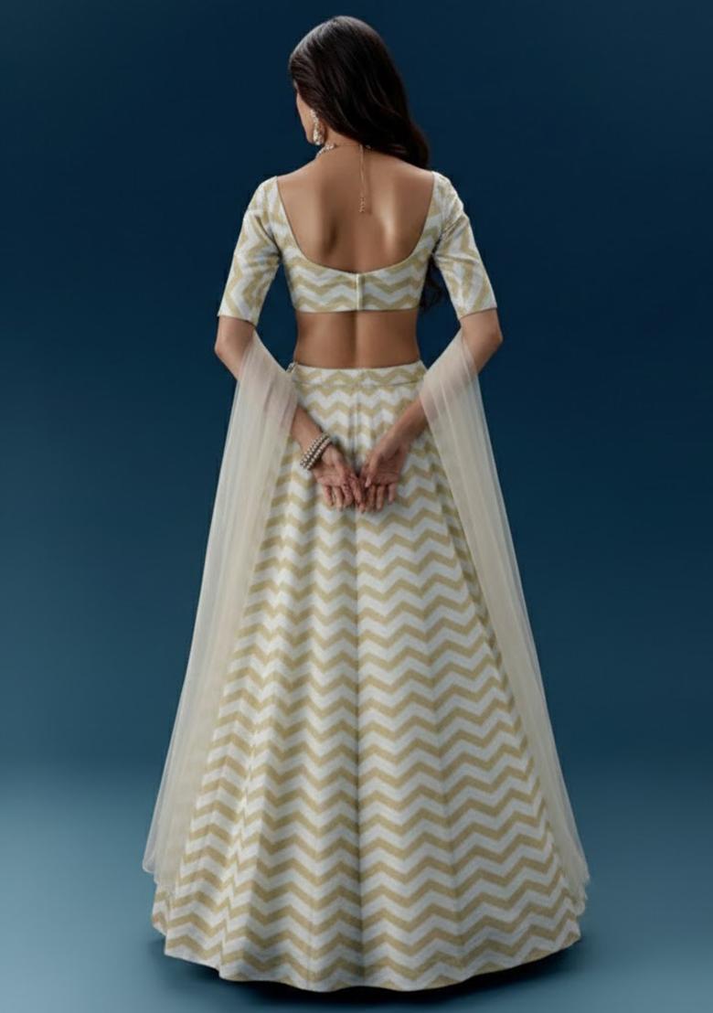Soft Ivory Printed Silk Blend Lehenga Set - Indya