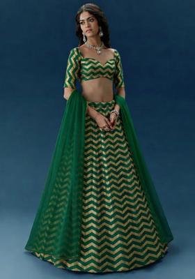 Green Printed Silk Blend Lehenga Set