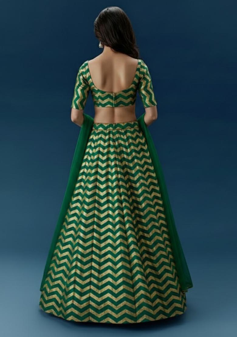Green Printed Silk Blend Lehenga Set - Indya