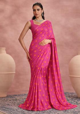 Pink Printed Satin Pre Draped Saree Set