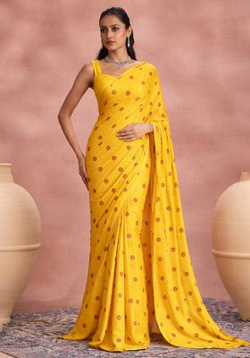 Yellow Printed Satin Pre Draped Saree Set