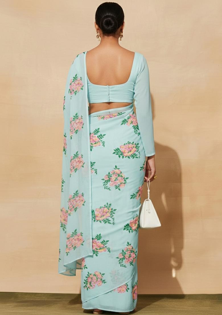 Sky Blue Floral Print Georgette Pre Draped Saree Set - Indya