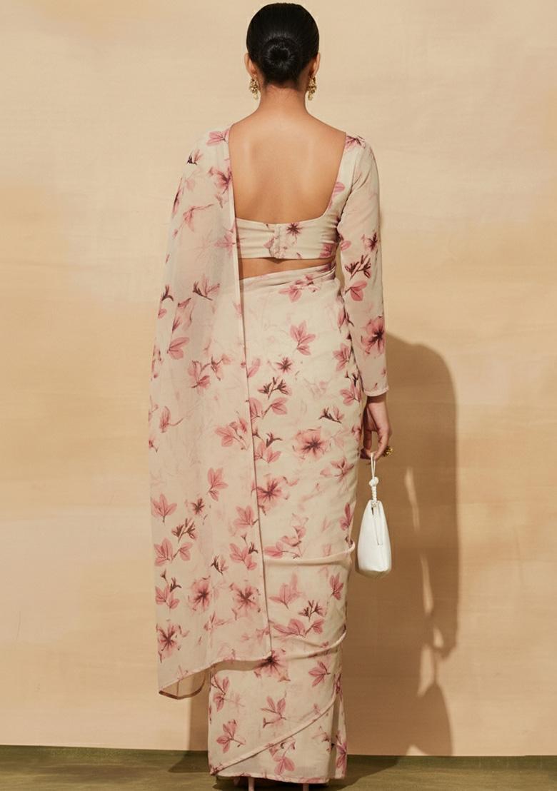 Pink Floral Print Georgette Pre Draped Saree Set - Indya