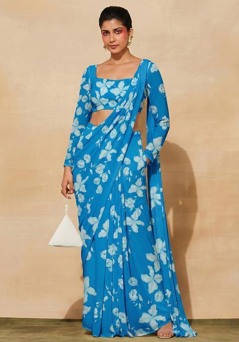 Bright Blue Floral Print Georgette Pre Draped Saree Set