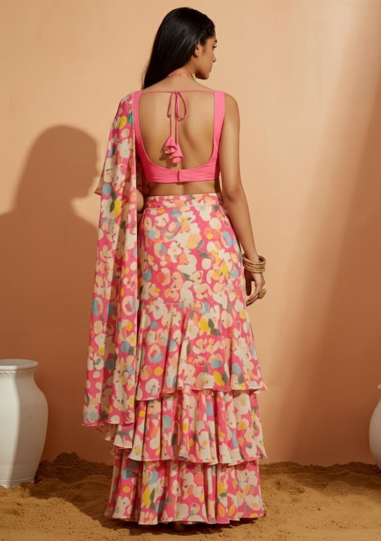 Pink Floral Print Crepe Pre Draped Saree Set - Indya