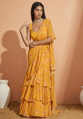 Yellow Floral Print Crepe Pre Draped Saree Set