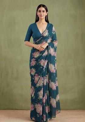 Teal Blue Floral Print Georgette Pre Draped Saree Set