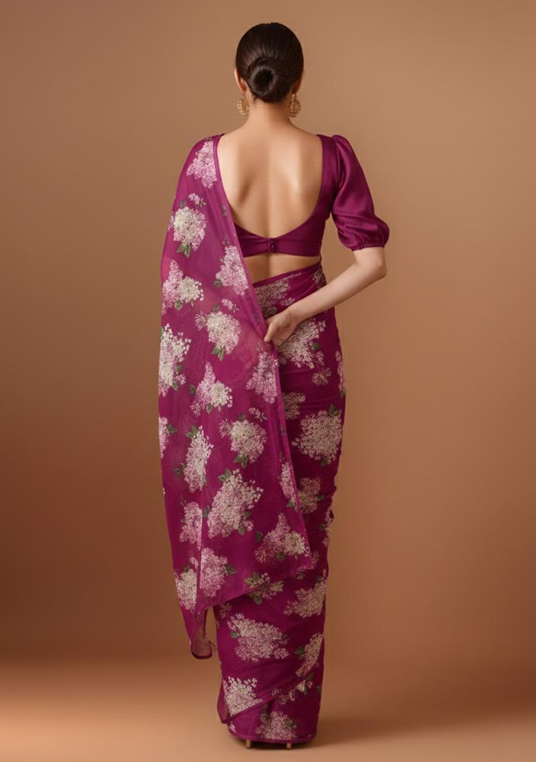 Rani Pink Floral Print Georgette Pre Draped Saree Set - Indya