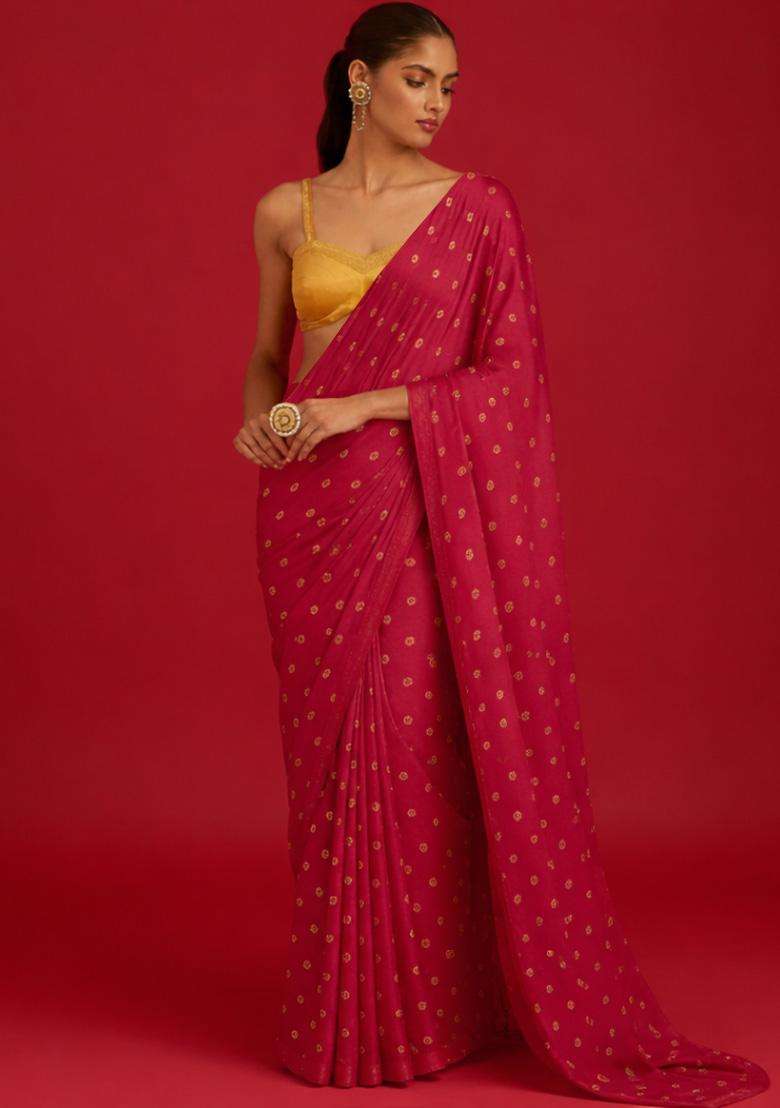 Rani Pink Floral Print Satin Pre Draped Saree Set - Indya