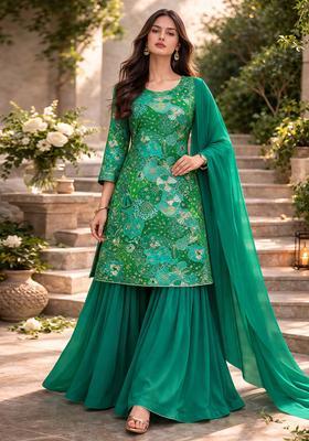 Bottle Green Floral Print Crepe Sharara Set