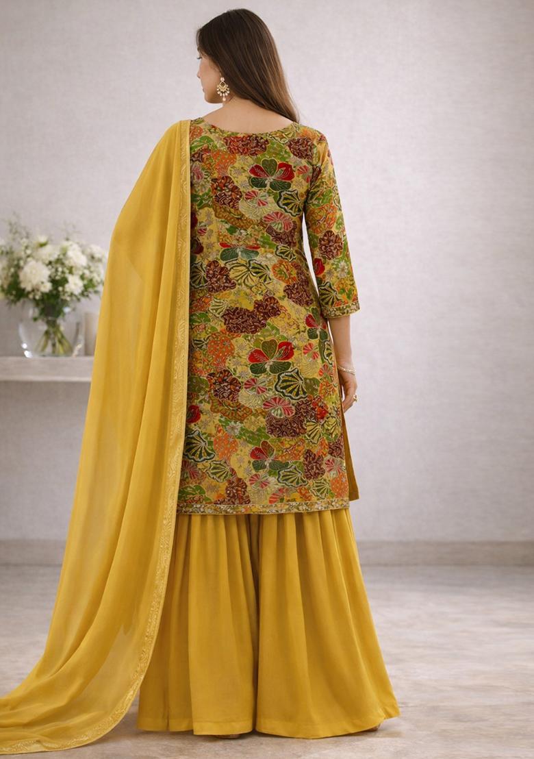 Mustard  Floral Print Crepe Sharara Set - Indya