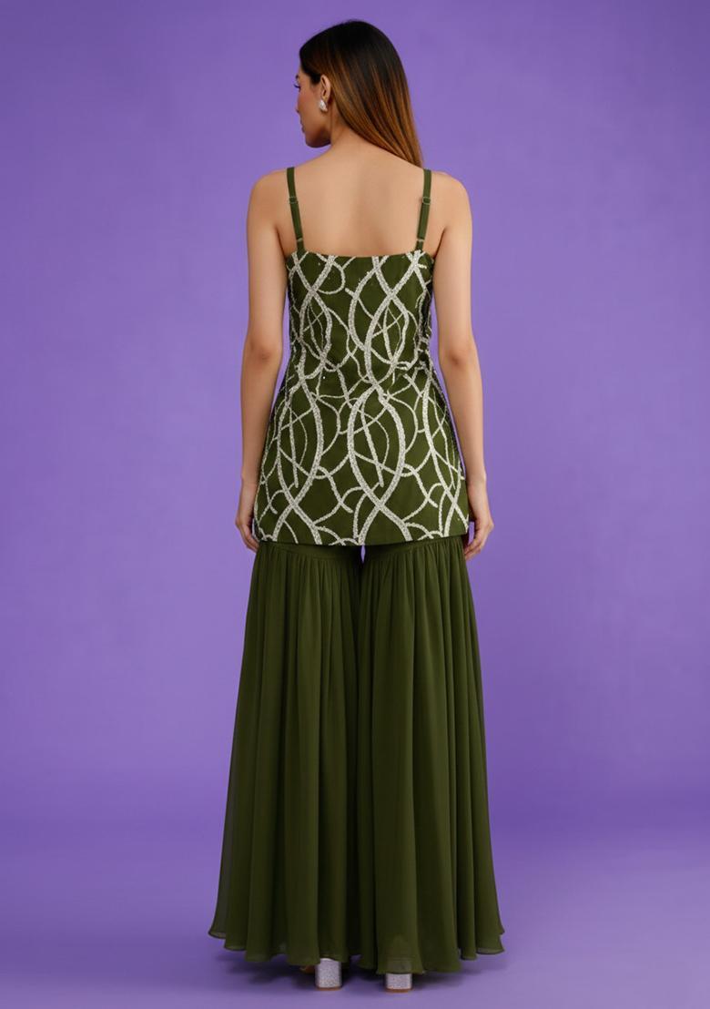 Olive Green Embroidered Crepe Sharara Set - Indya