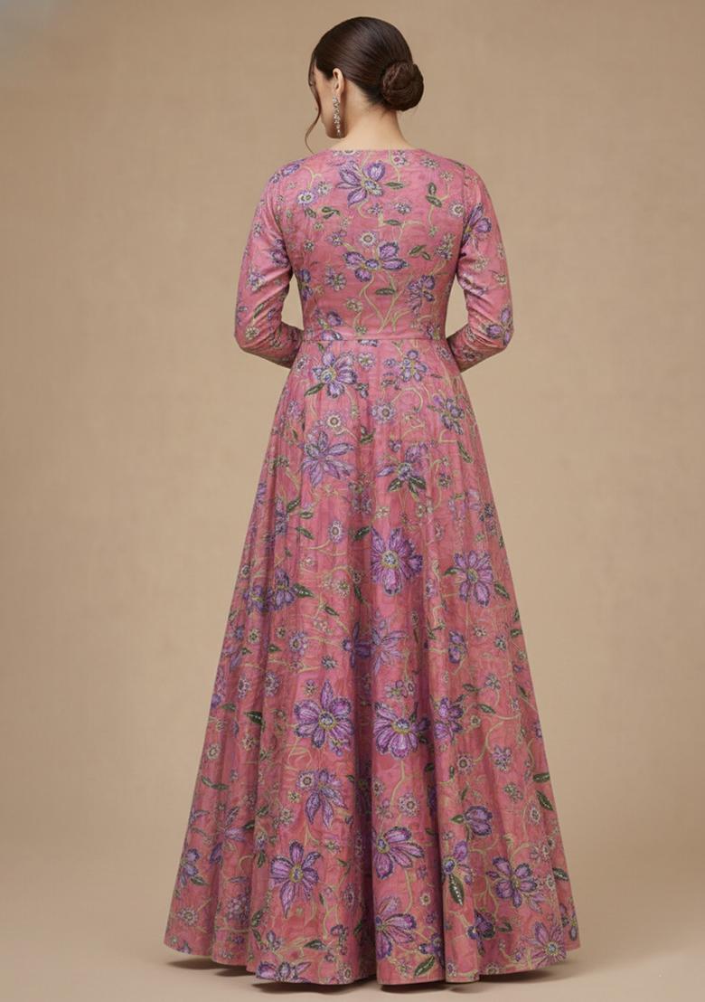 Light Pink Floral Print Organza Anarkali With Dupatta - Indya