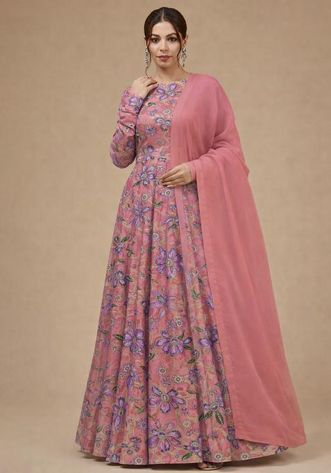 Light Pink Floral Print Organza Anarkali With Dupatta