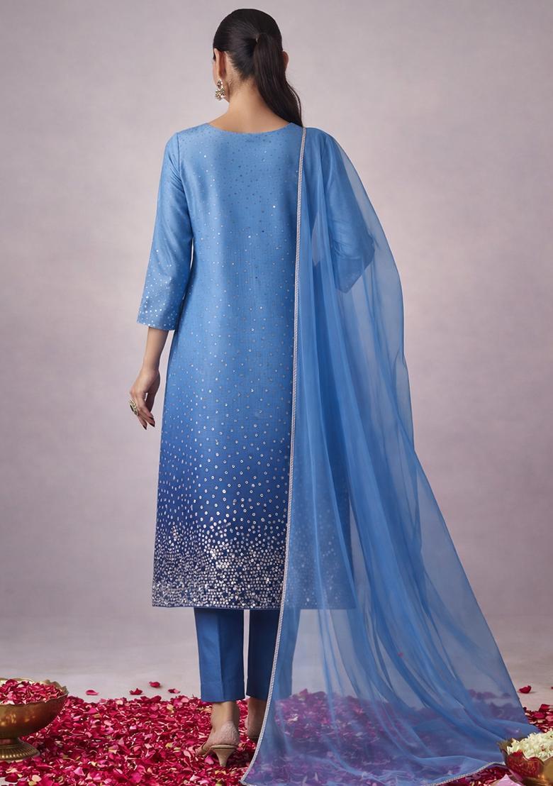 Royal Blue Sequin Work Tissue Straight Kurta Set - Indya