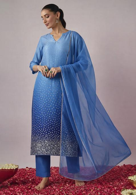 Royal Blue Sequin Work Tissue Straight Kurta Set