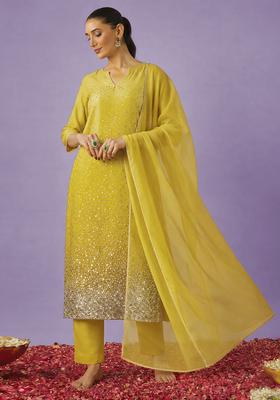 Yellow Sequin Work Tissue Straight Kurta Set