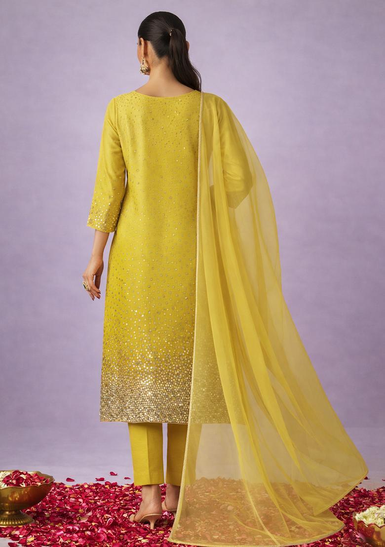 Yellow Sequin Work Tissue Straight Kurta Set - Indya