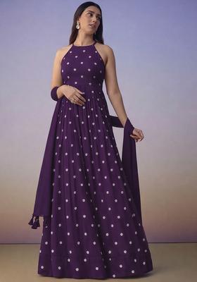 Deep Purple Printed Moss Anarkali With Dupatta