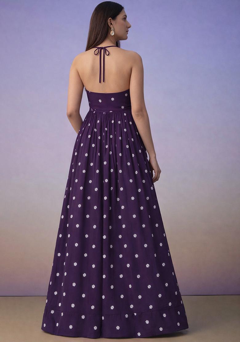 Deep Purple Printed Moss Anarkali With Dupatta - Indya