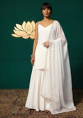 Off White Solid Chinon Sharara Set