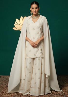 Off White Embroidered Silk Blend Sharara Set
