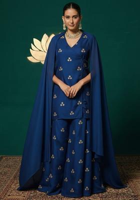 Navy Blue Embroidered Silk Blend Sharara Set