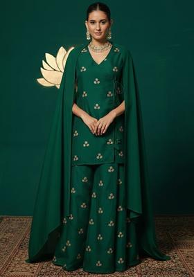 Bottle Green Embroidered Silk Blend Sharara Set