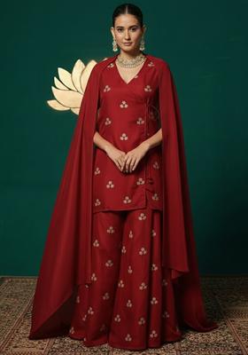 Deep Red Embroidered Silk Blend Sharara Set