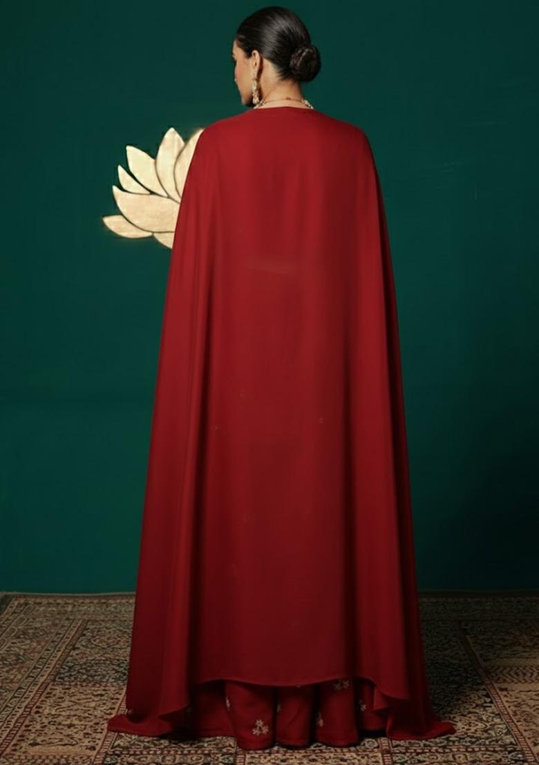 Deep Red Embroidered Silk Blend Sharara Set - Indya