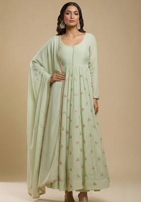 Pista Green Embroidered Silk Blend Anarkali Set