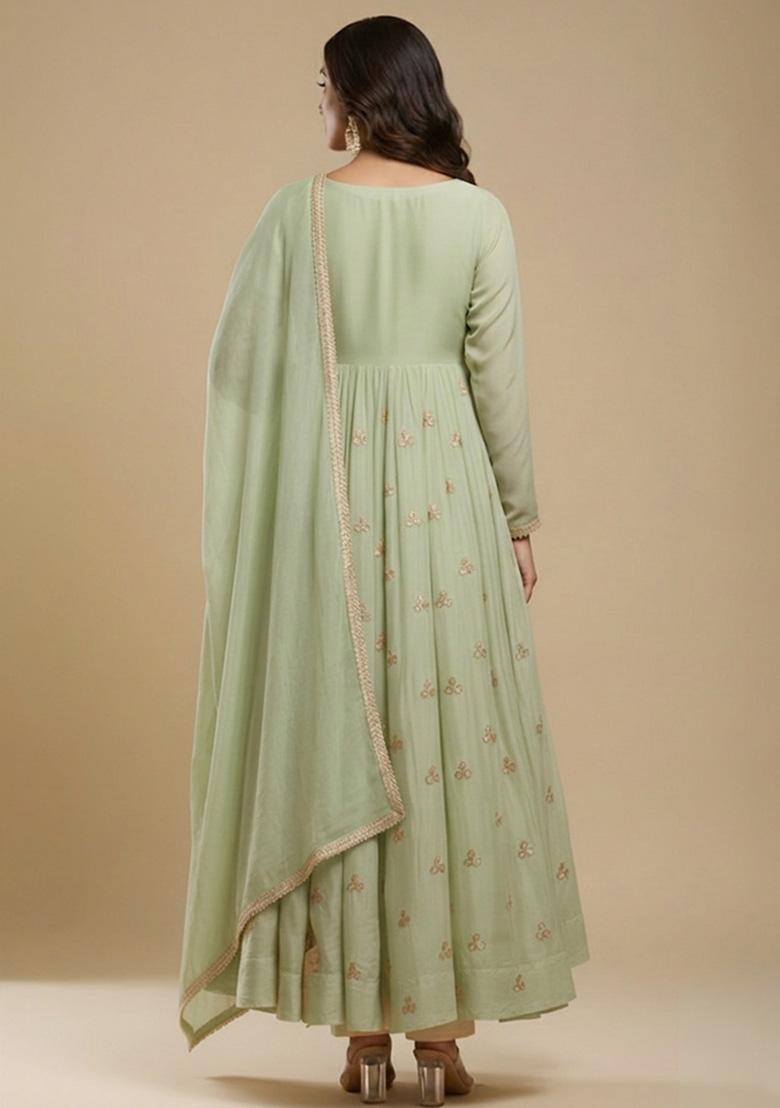 Pista Green Embroidered Silk Blend Anarkali Set - Indya