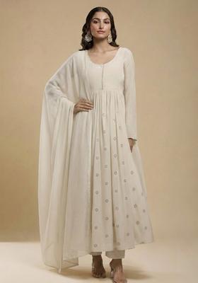 Cream Embroidered Silk Blend Anarkali Set